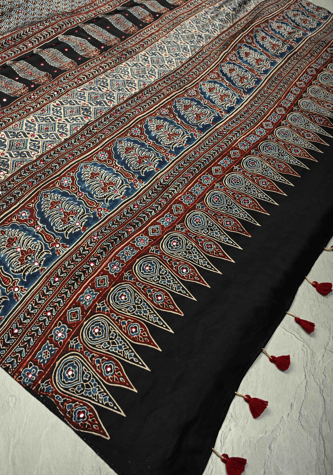 Black-Blue  Hand Block Print on Modal Silk Saree with Tikki Mirror Work