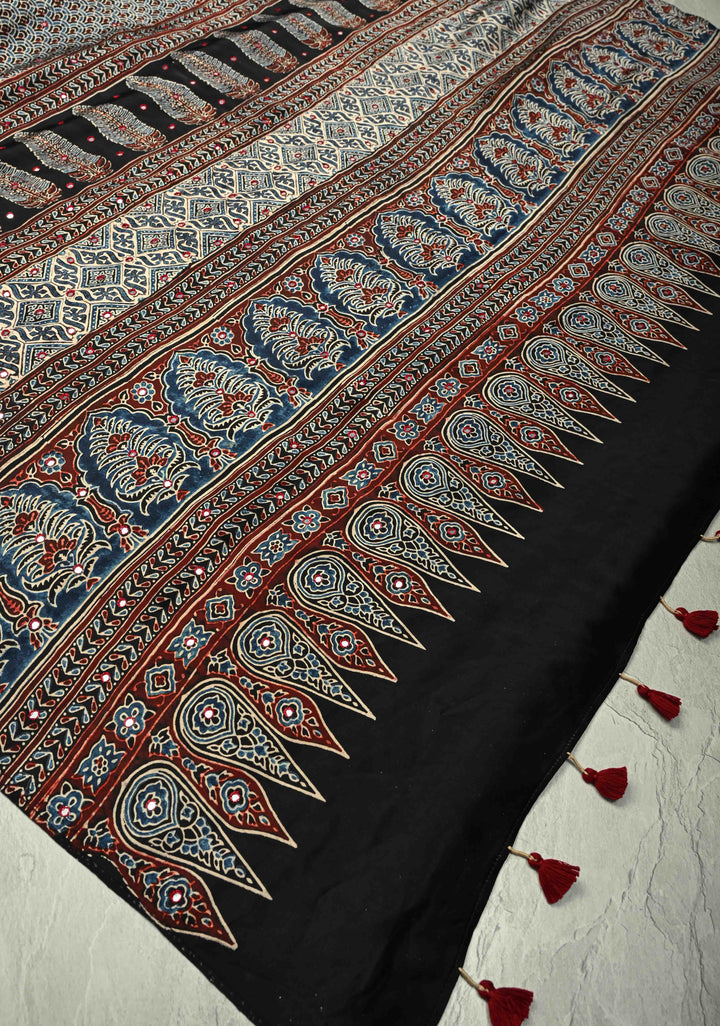 Black-Blue  Hand Block Print on Modal Silk Saree with Tikki Mirror Work