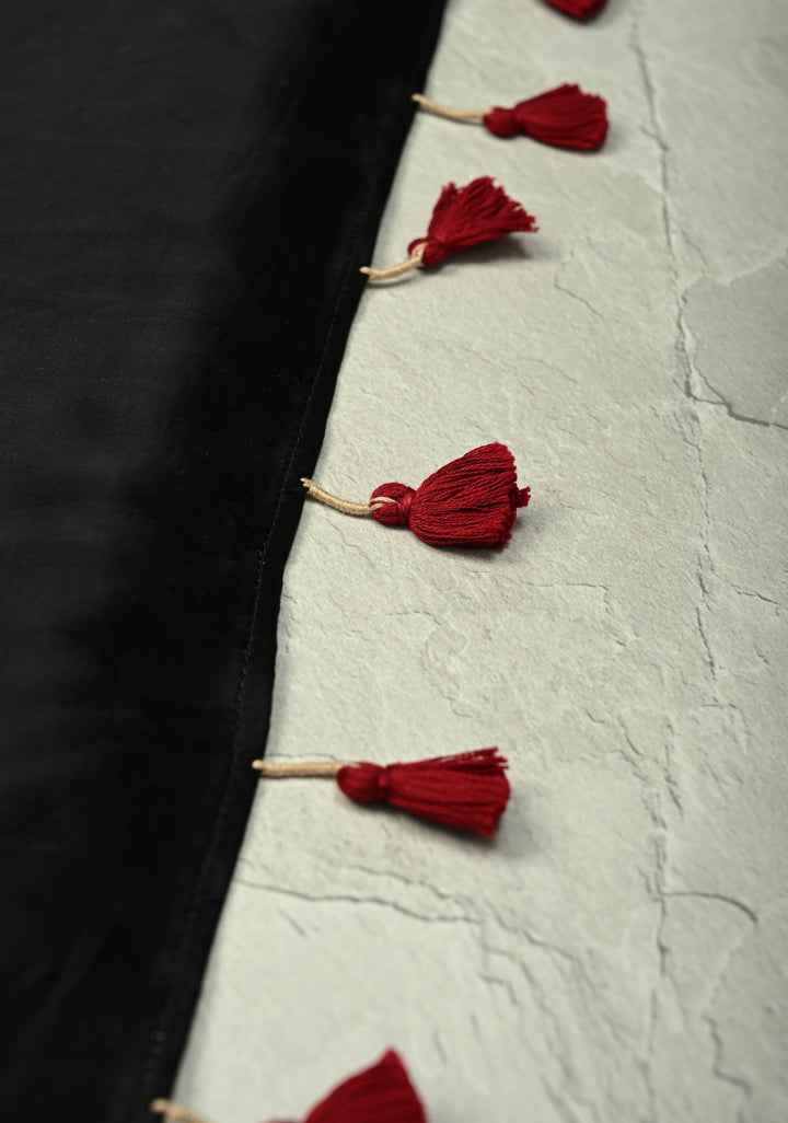 Black-Blue  Hand Block Print on Modal Silk Saree with Tikki Mirror Work