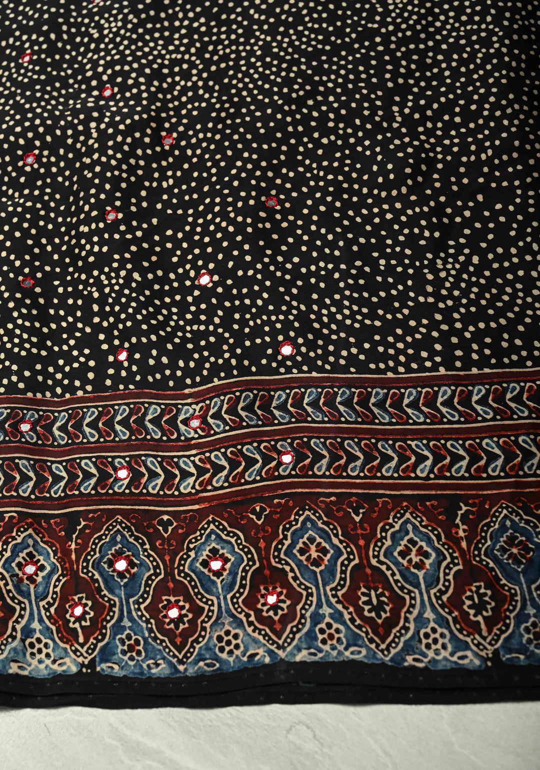 Black-Blue  Hand Block Print on Modal Silk Saree with Tikki Mirror Work