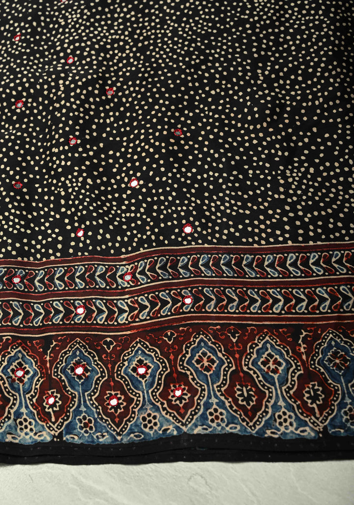 Black-Blue  Hand Block Print on Modal Silk Saree with Tikki Mirror Work