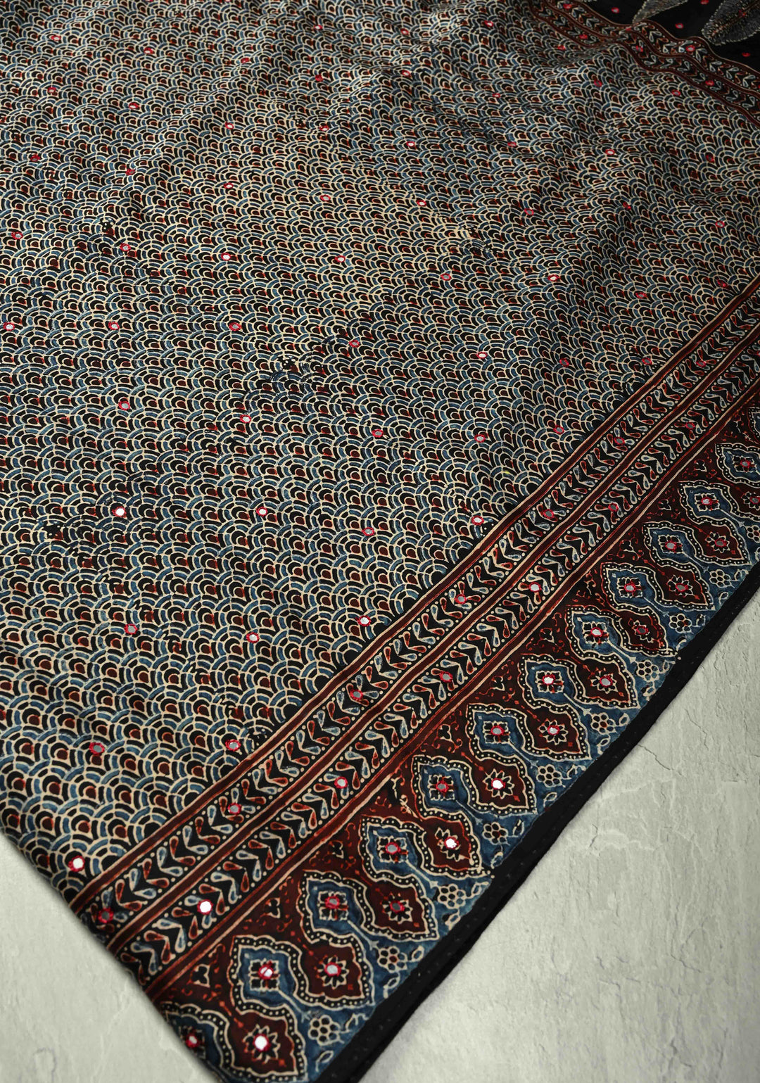 Black-Blue  Hand Block Print on Modal Silk Saree with Tikki Mirror Work