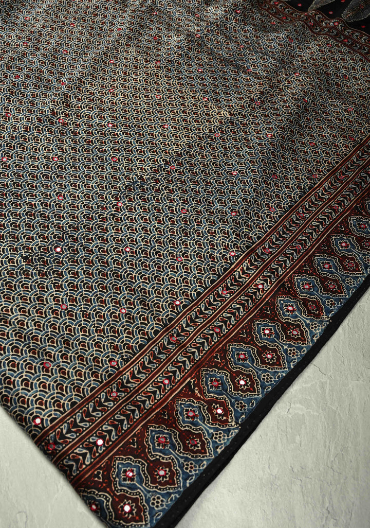 Black-Blue  Hand Block Print on Modal Silk Saree with Tikki Mirror Work