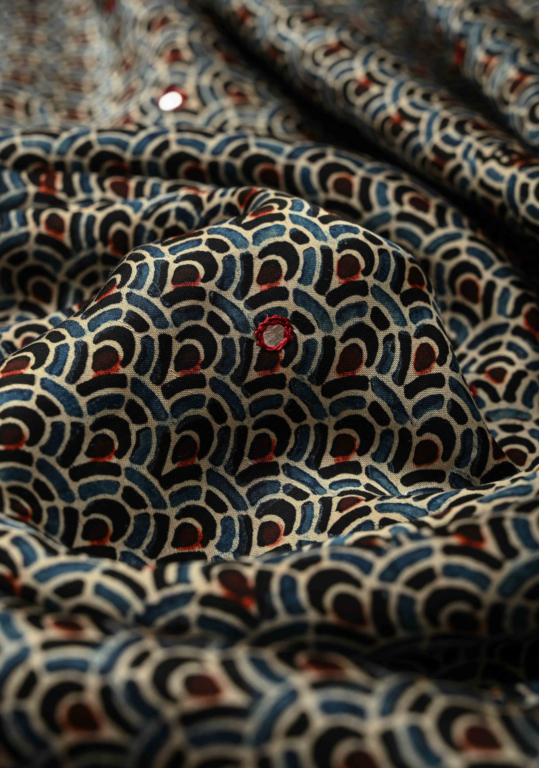 Black-Blue  Hand Block Print on Modal Silk Saree with Tikki Mirror Work