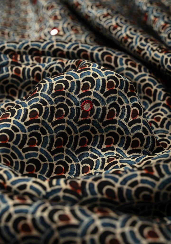 Black-Blue  Hand Block Print on Modal Silk Saree with Tikki Mirror Work