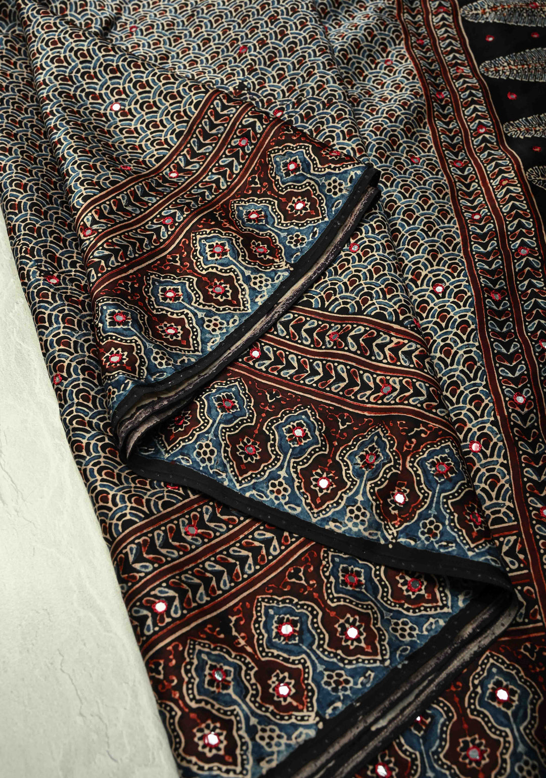 Black-Blue  Hand Block Print on Modal Silk Saree with Tikki Mirror Work