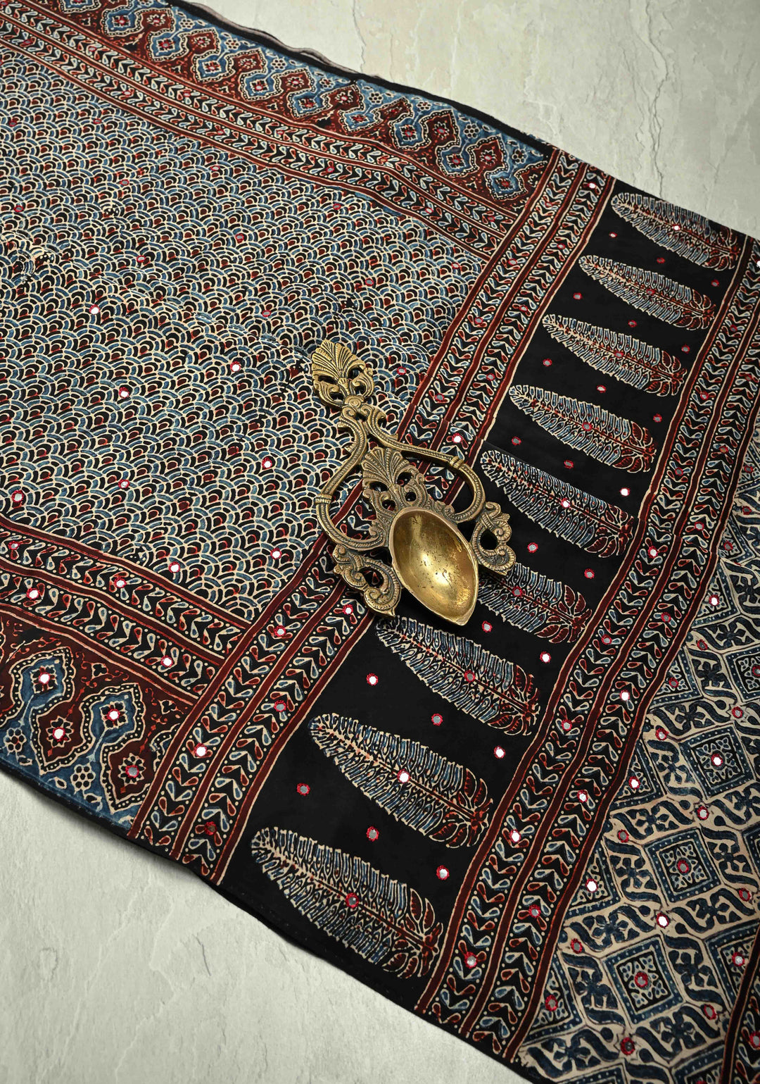 Black-Blue  Hand Block Print on Modal Silk Saree with Tikki Mirror Work