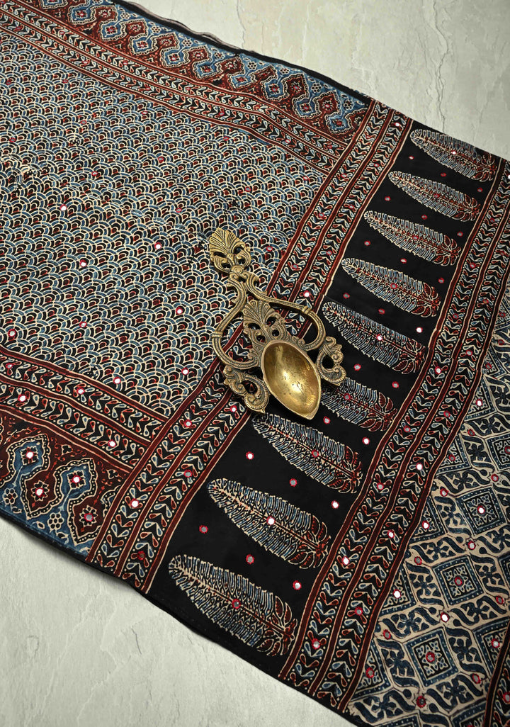 Black-Blue  Hand Block Print on Modal Silk Saree with Tikki Mirror Work