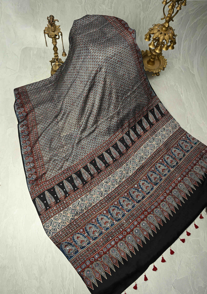 Black-Blue  Hand Block Print on Modal Silk Saree with Tikki Mirror Work