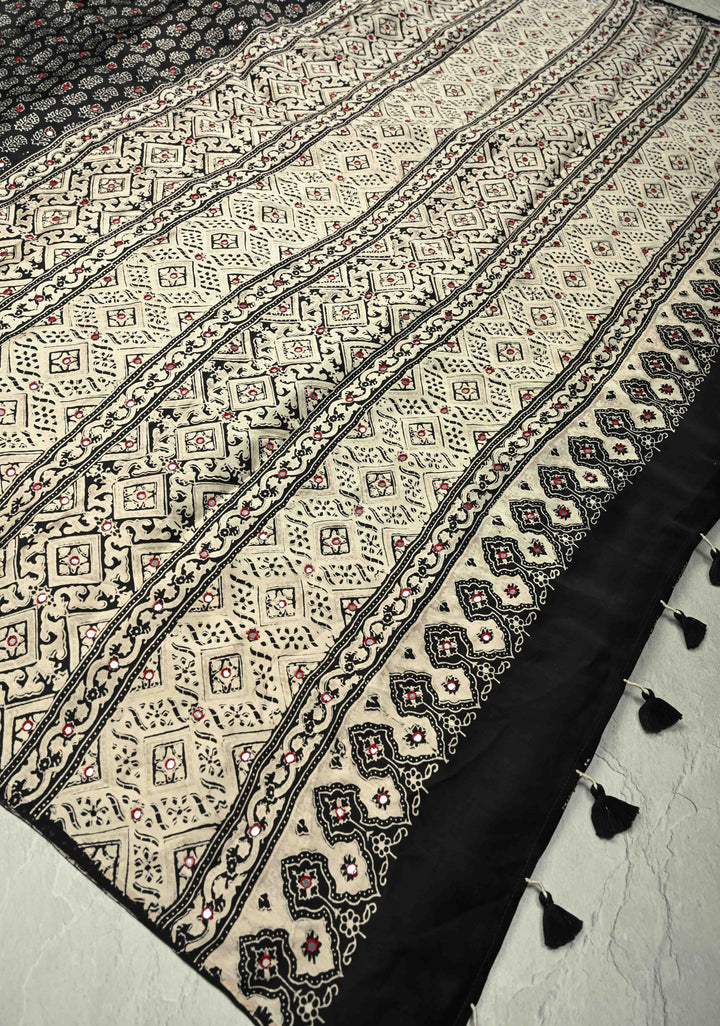 Black-White Modal Silk Saree With Floral Hand Block Print and Tikki Mirror Work