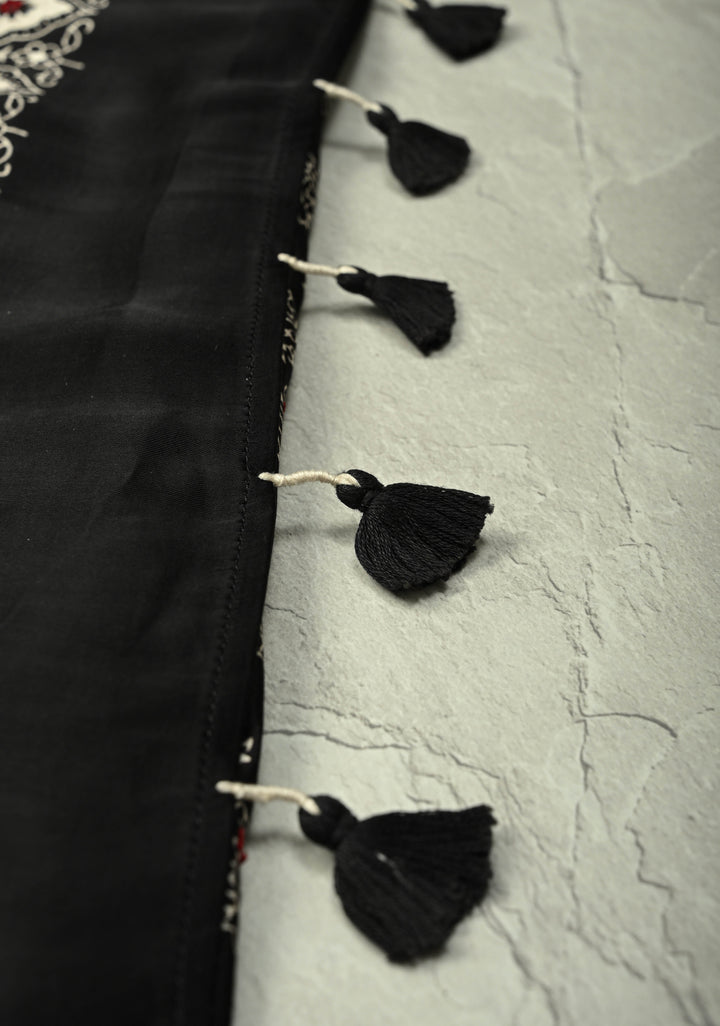 Black-White Modal Silk Saree With Floral Hand Block Print and Tikki Mirror Work