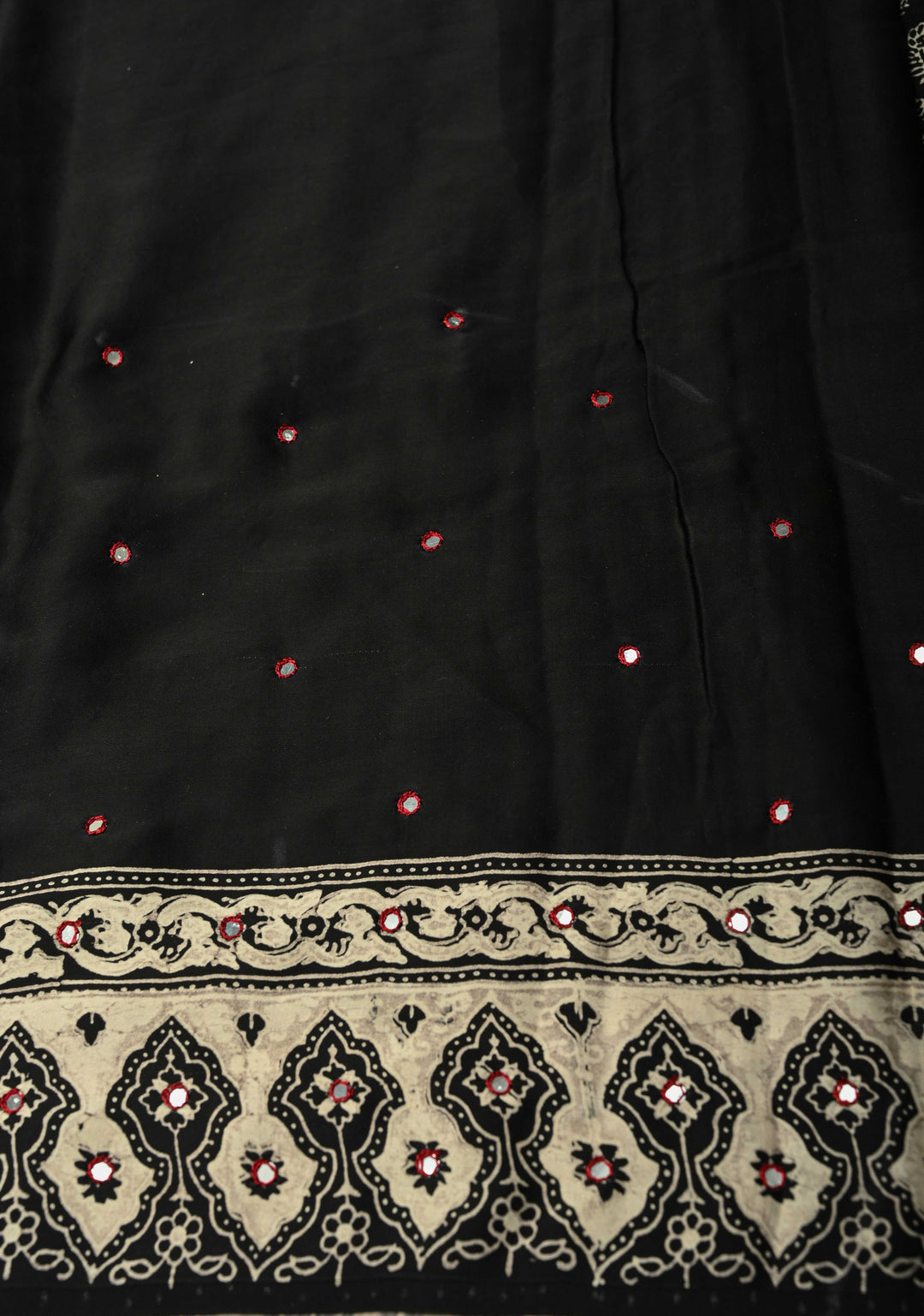 Black-White Modal Silk Saree With Floral Hand Block Print and Tikki Mirror Work