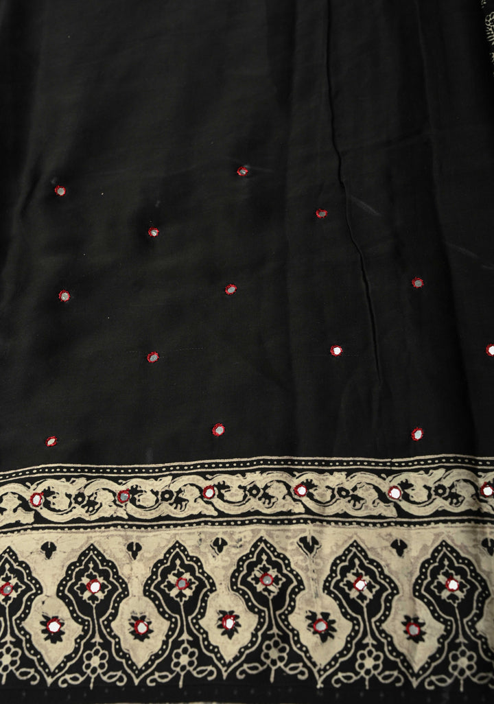 Black-White Modal Silk Saree With Floral Hand Block Print and Tikki Mirror Work