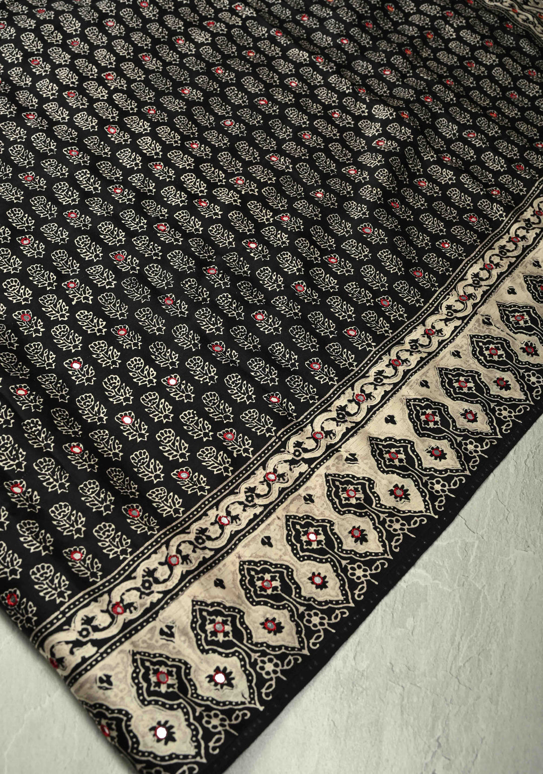 Black-White Modal Silk Saree With Floral Hand Block Print and Tikki Mirror Work