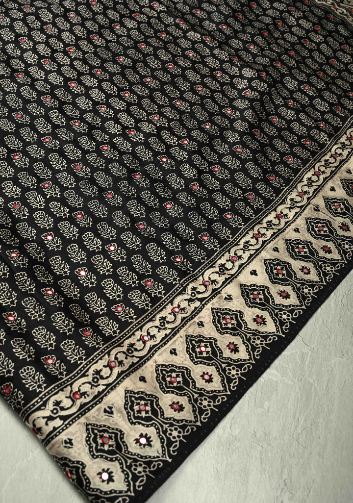 Black-White Modal Silk Saree With Floral Hand Block Print and Tikki Mirror Work