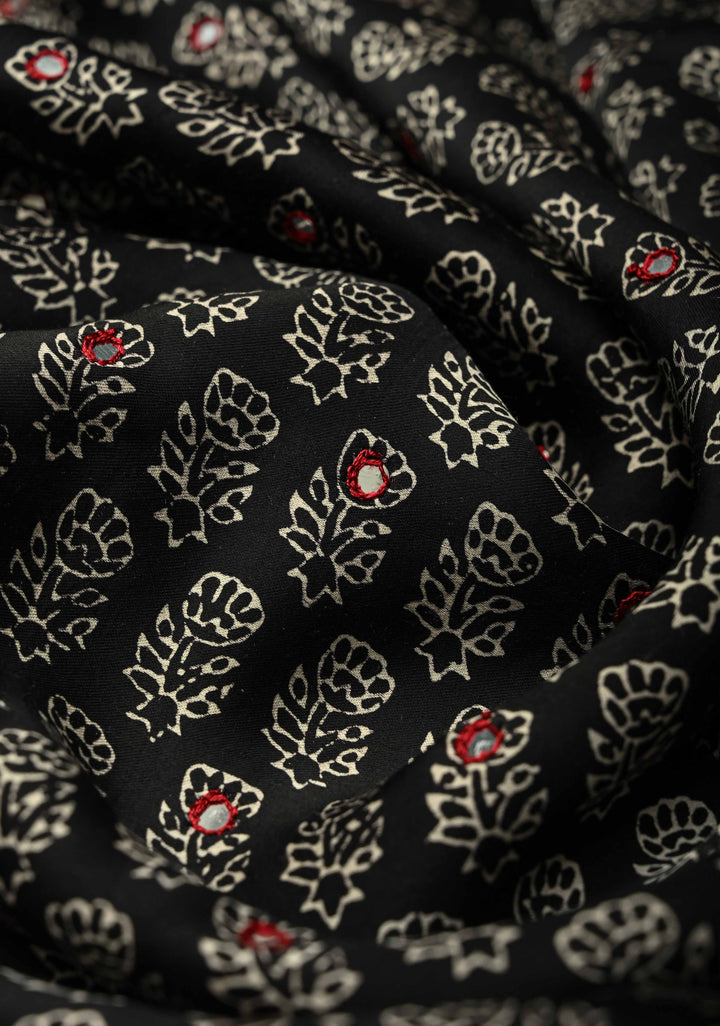 Black-White Modal Silk Saree With Floral Hand Block Print and Tikki Mirror Work