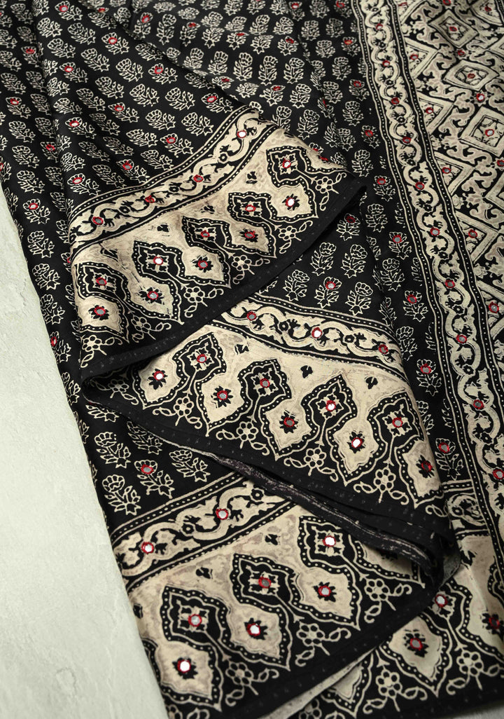 Black-White Modal Silk Saree With Floral Hand Block Print and Tikki Mirror Work
