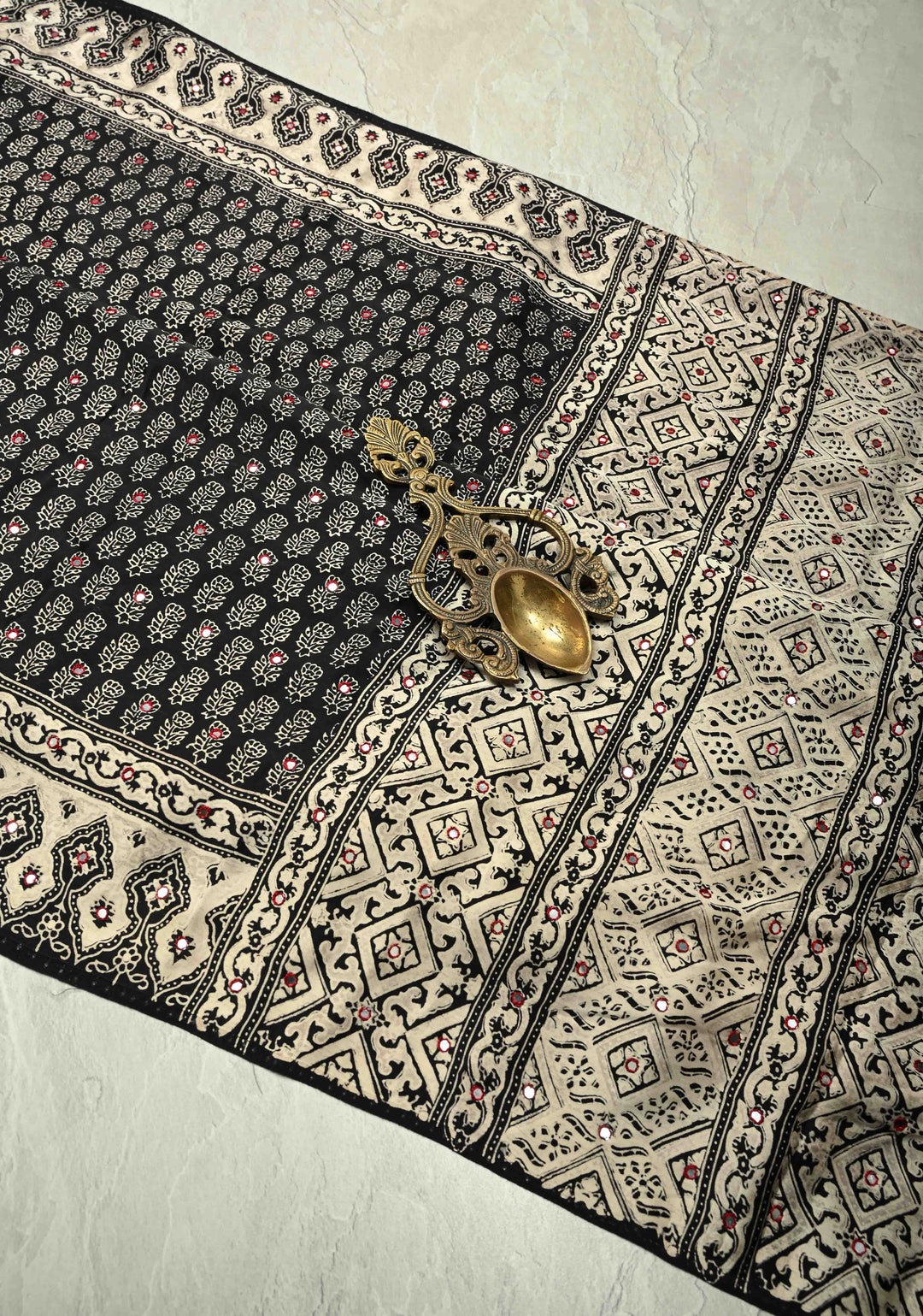 Black-White Modal Silk Saree With Floral Hand Block Print and Tikki Mirror Work