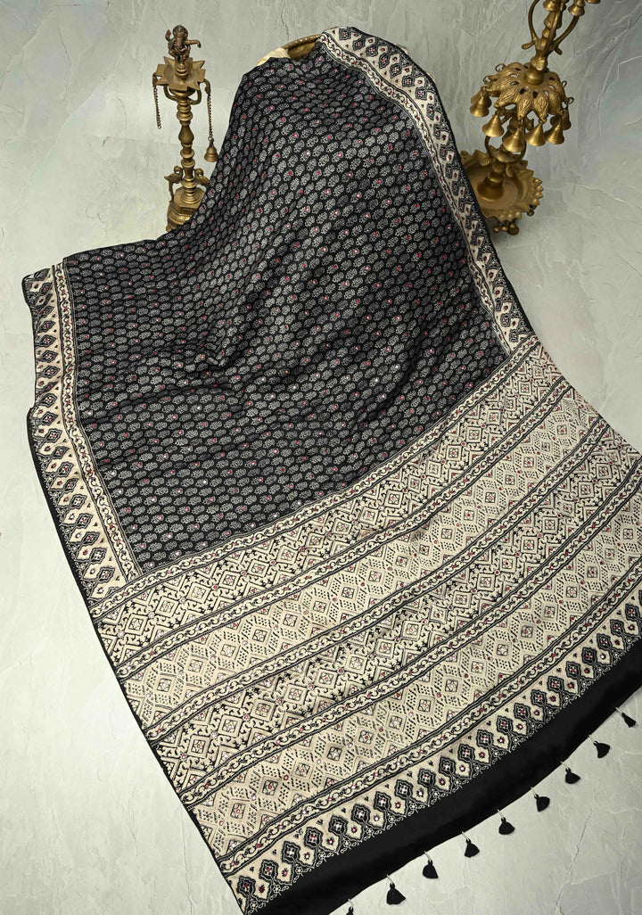 Black-White Modal Silk Saree With Floral Hand Block Print and Tikki Mirror Work