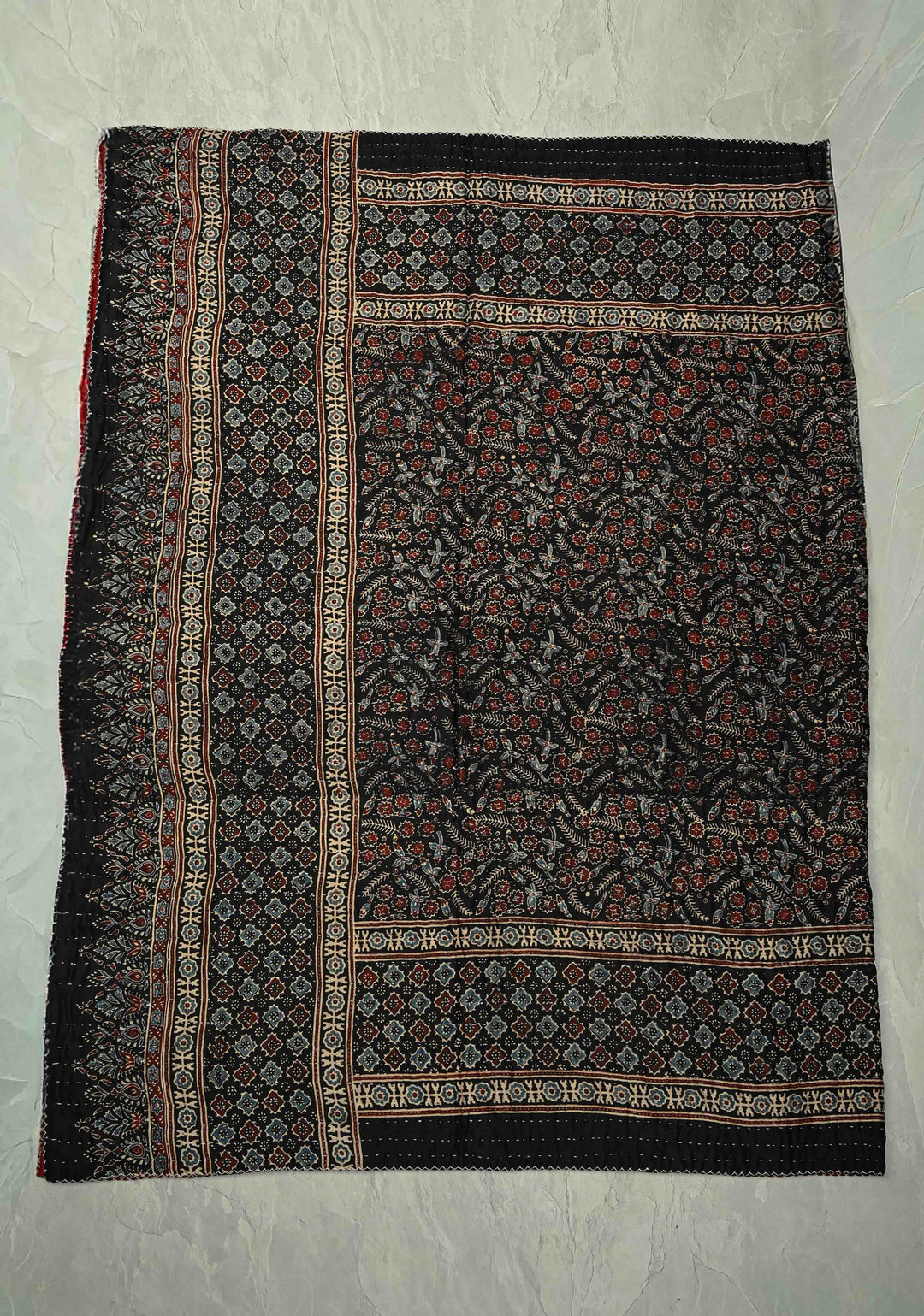 60x90 Black-Maroon Reversible Ajrakh Hand Block Print on Gajji silk Quilt Reversible With Kantha Work