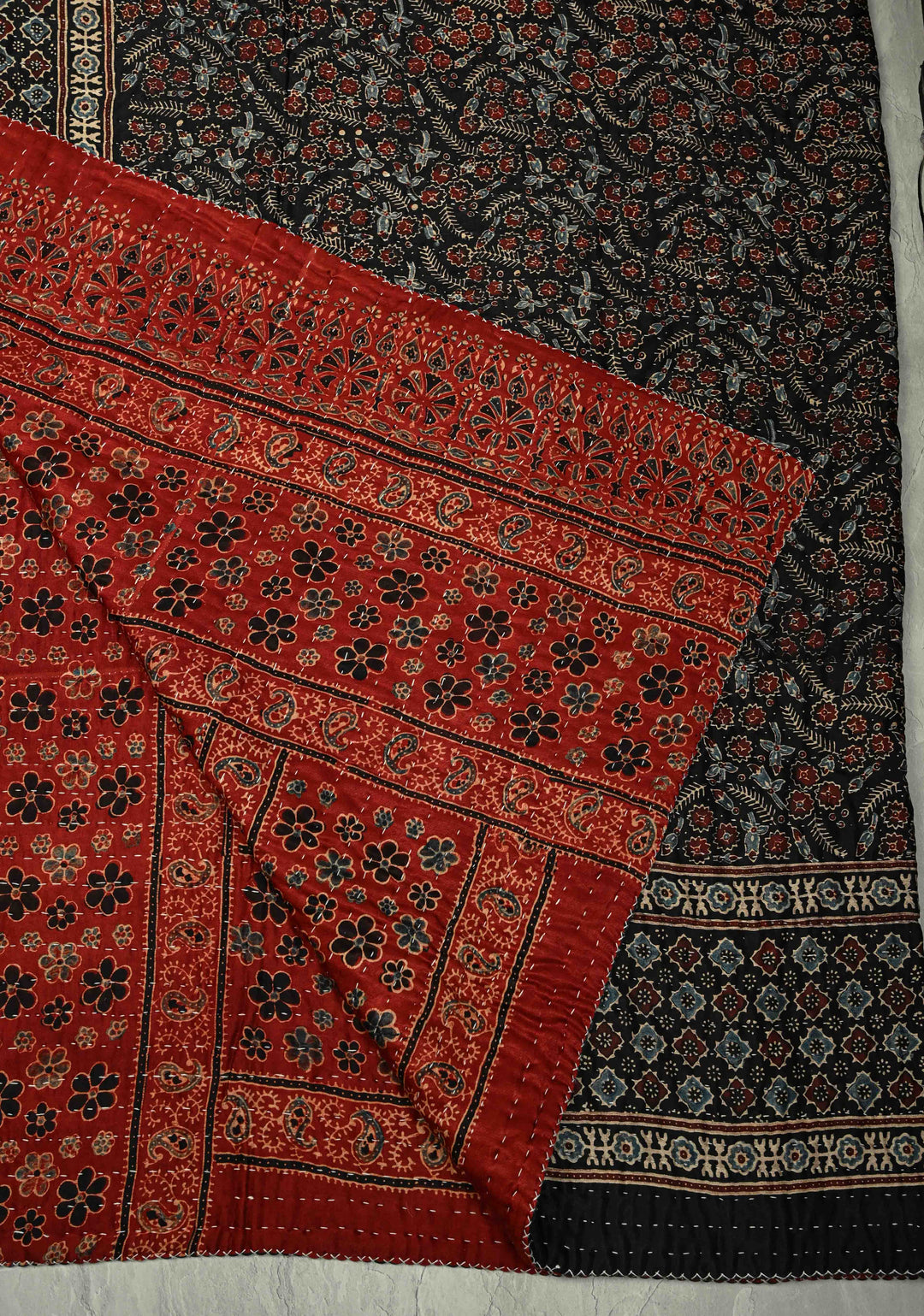 60x90 Black-Maroon Reversible Ajrakh Hand Block Print on Gajji silk Quilt Reversible With Kantha Work