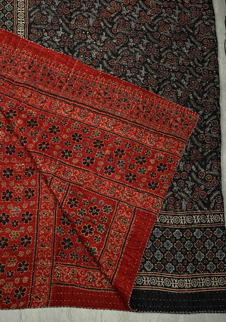 60x90 Black-Maroon Reversible Ajrakh Hand Block Print on Gajji silk Quilt Reversible With Kantha Work