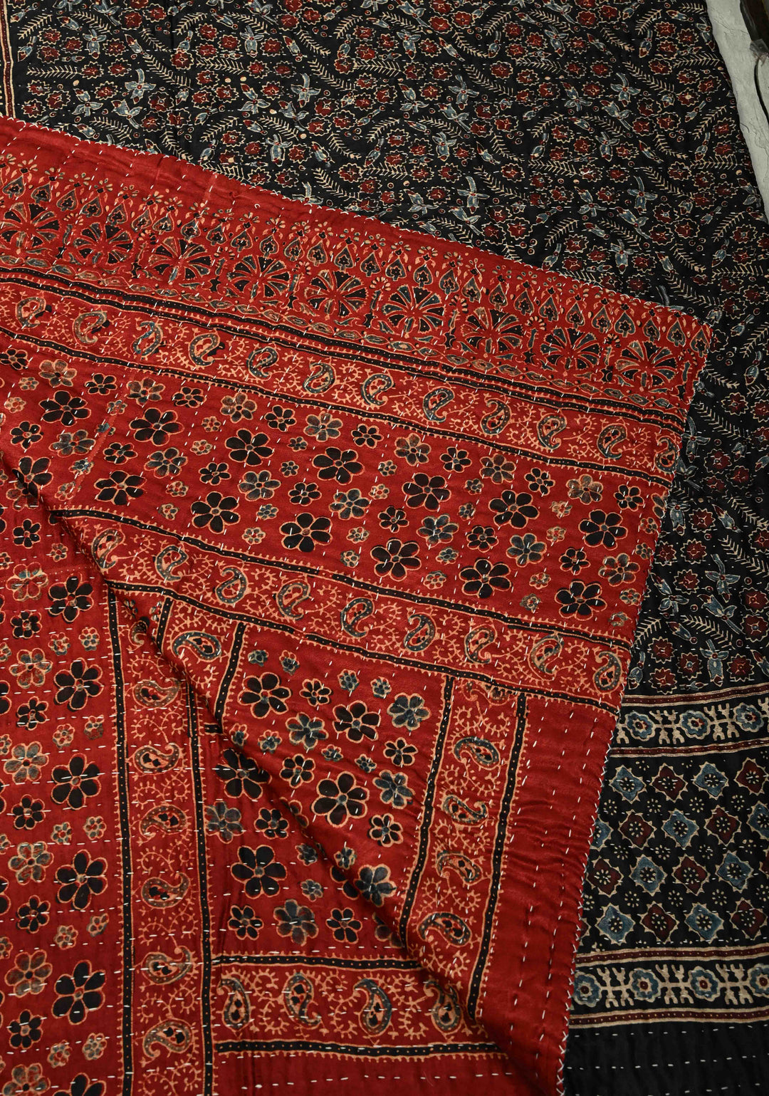 60x90 Black-Maroon Reversible Ajrakh Hand Block Print on Gajji silk Quilt Reversible With Kantha Work