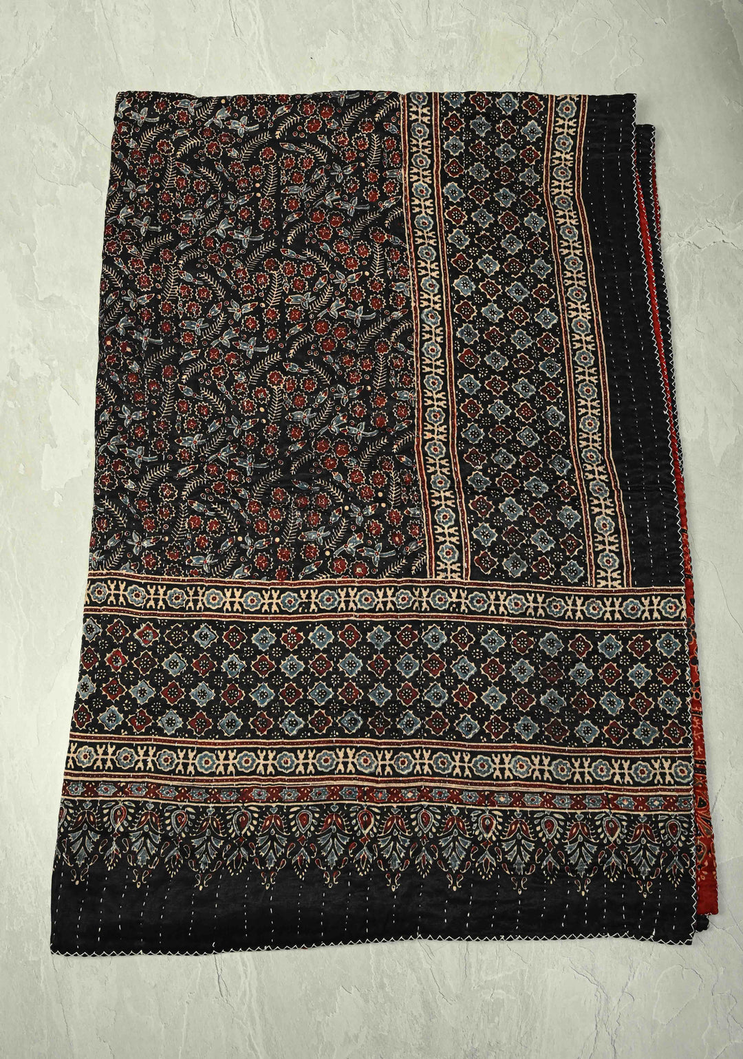 60x90 Black-Maroon Reversible Ajrakh Hand Block Print on Gajji silk Quilt Reversible With Kantha Work