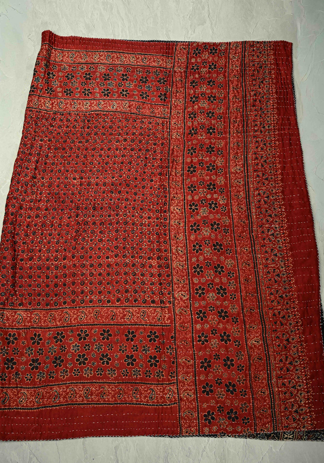 60x90 Black-Maroon Reversible Ajrakh Hand Block Print on Gajji silk Quilt Reversible With Kantha Work