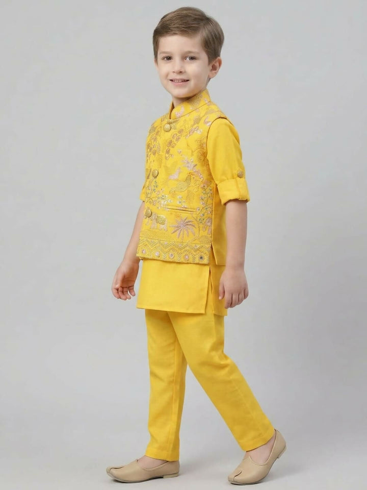 Boys Yellow Kurta Pajama Set with Embroidered Ethnic Jacket | SHOBITAM