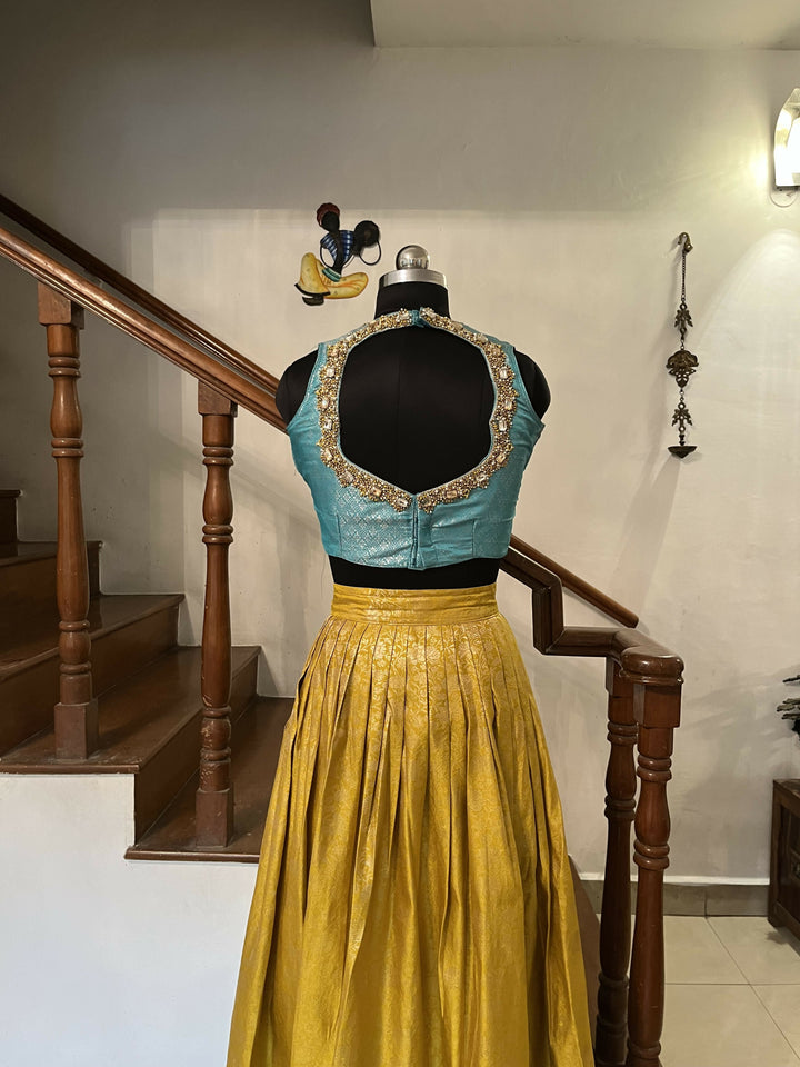 Mustard, yellow with Aqua blue Semi Kanchi lehanga Set