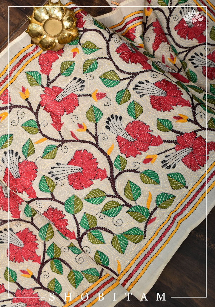 78x22 Pure Kosa Tussar Silk Stole with Full Kantha Hand Embroidery | SILK MARK CERTIFIED |  Shobitam Dupatta