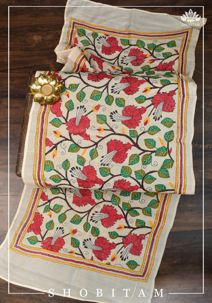 78x22 Pure Kosa Tussar Silk Stole with Full Kantha Hand Embroidery | SILK MARK CERTIFIED |  Shobitam Dupatta