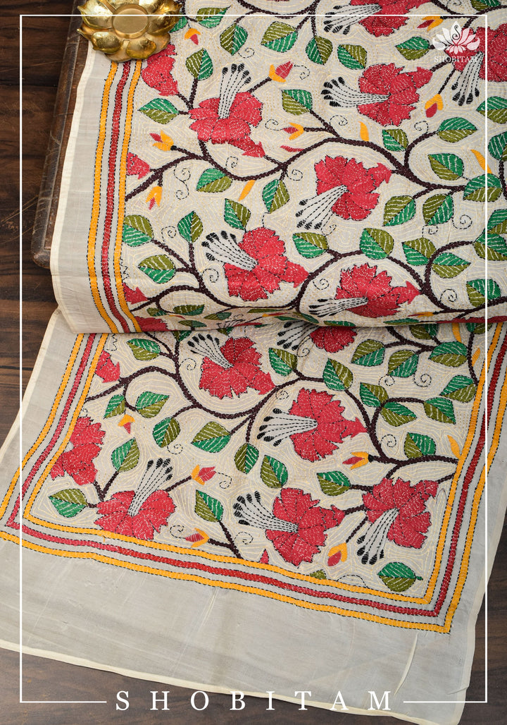 78x22 Pure Kosa Tussar Silk Stole with Full Kantha Hand Embroidery | SILK MARK CERTIFIED |  Shobitam Dupatta