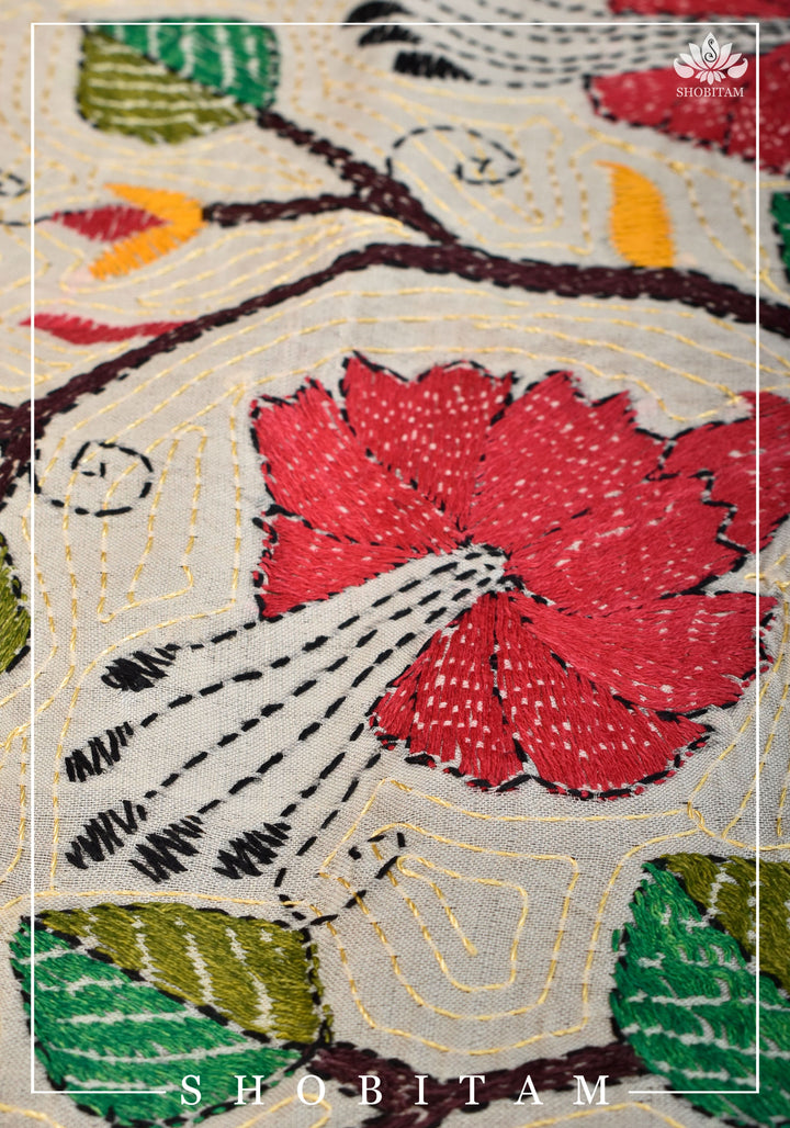 78x22 Pure Kosa Tussar Silk Stole with Full Kantha Hand Embroidery | SILK MARK CERTIFIED |  Shobitam Dupatta