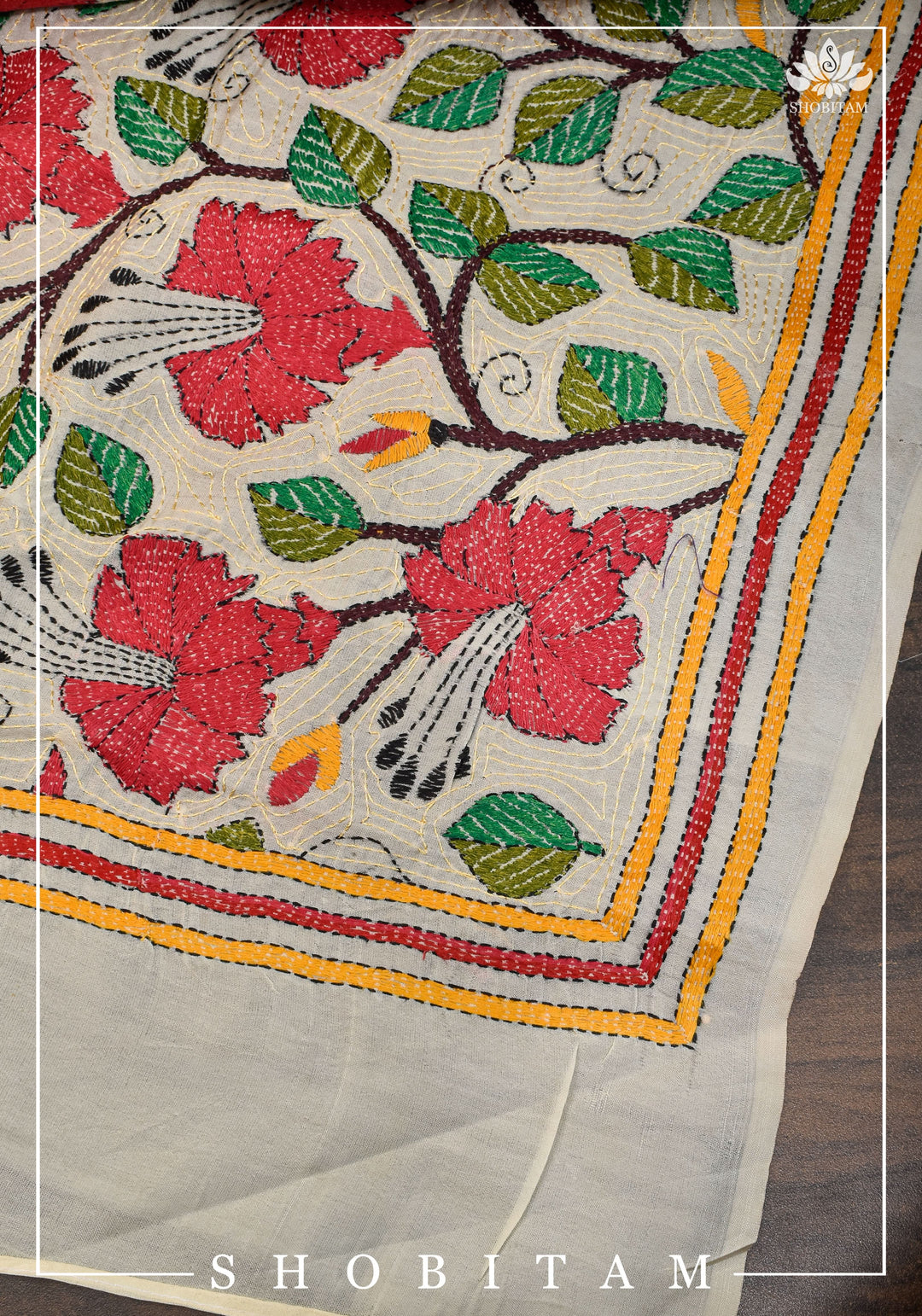 78x22 Pure Kosa Tussar Silk Stole with Full Kantha Hand Embroidery | SILK MARK CERTIFIED |  Shobitam Dupatta