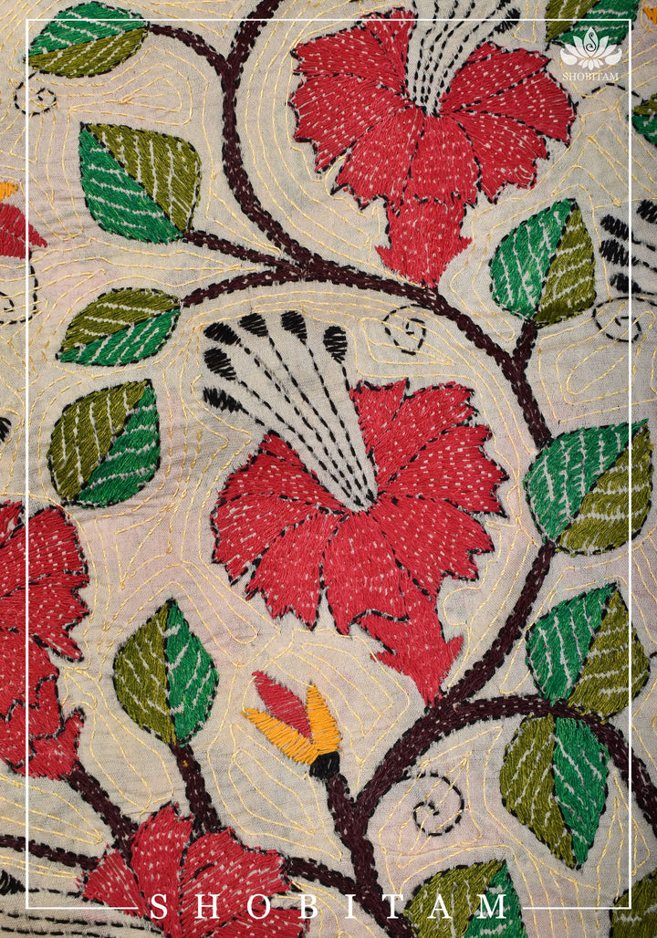 78x22 Pure Kosa Tussar Silk Stole with Full Kantha Hand Embroidery | SILK MARK CERTIFIED |  Shobitam Dupatta
