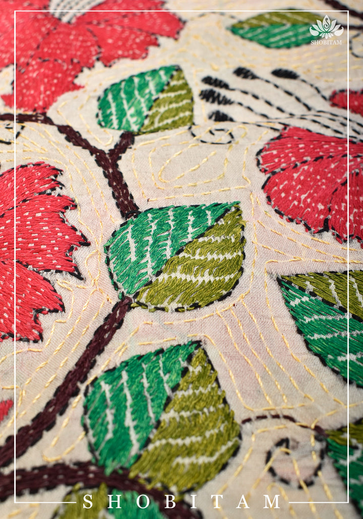 78x22 Pure Kosa Tussar Silk Stole with Full Kantha Hand Embroidery | SILK MARK CERTIFIED |  Shobitam Dupatta