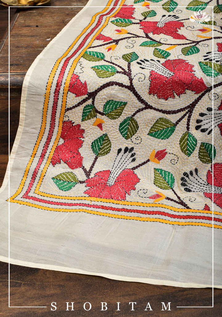 78x22 Pure Kosa Tussar Silk Stole with Full Kantha Hand Embroidery | SILK MARK CERTIFIED |  Shobitam Dupatta