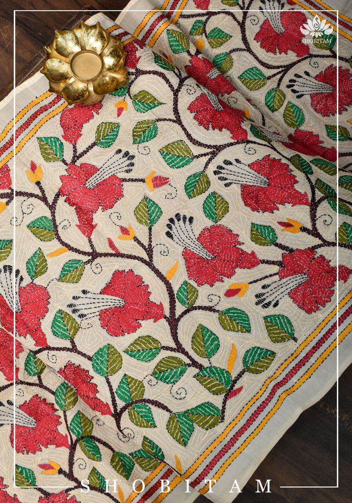 78x22 Pure Kosa Tussar Silk Stole with Full Kantha Hand Embroidery | SILK MARK CERTIFIED |  Shobitam Dupatta