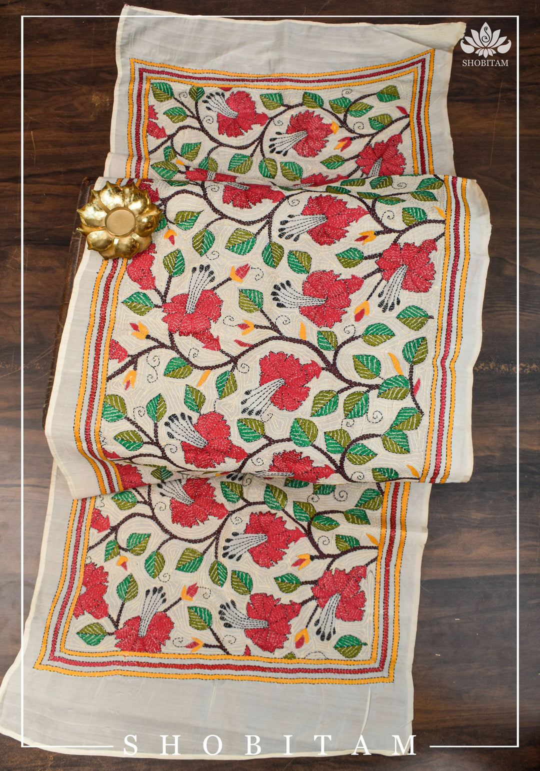 78x22 Pure Kosa Tussar Silk Stole with Full Kantha Hand Embroidery | SILK MARK CERTIFIED |  Shobitam Dupatta