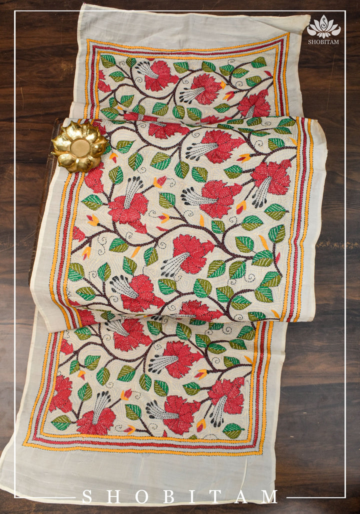 78x22 Pure Kosa Tussar Silk Stole with Full Kantha Hand Embroidery | SILK MARK CERTIFIED |  Shobitam Dupatta
