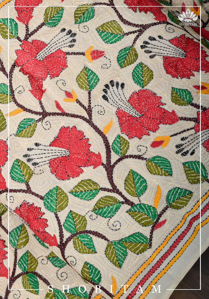 78x22 Pure Kosa Tussar Silk Stole with Full Kantha Hand Embroidery | SILK MARK CERTIFIED |  Shobitam Dupatta