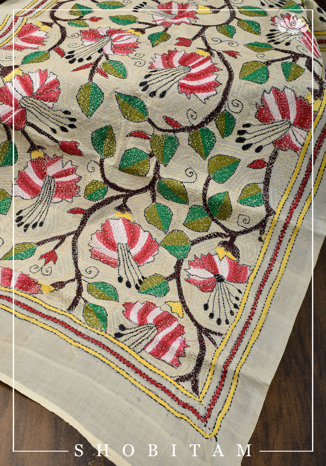 78x21 Kosa Tussar Silk Stole with Full Kantha Hand Embroidery