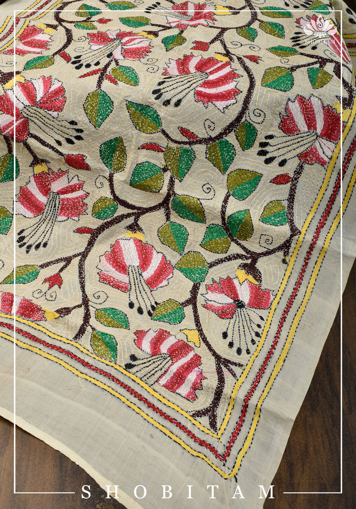 78x21 Kosa Tussar Silk Stole with Full Kantha Hand Embroidery
