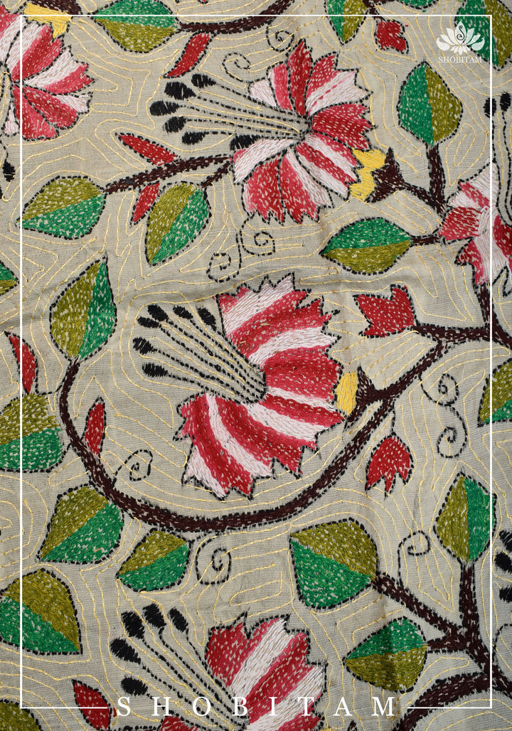 78x21 Kosa Tussar Silk Stole with Full Kantha Hand Embroidery