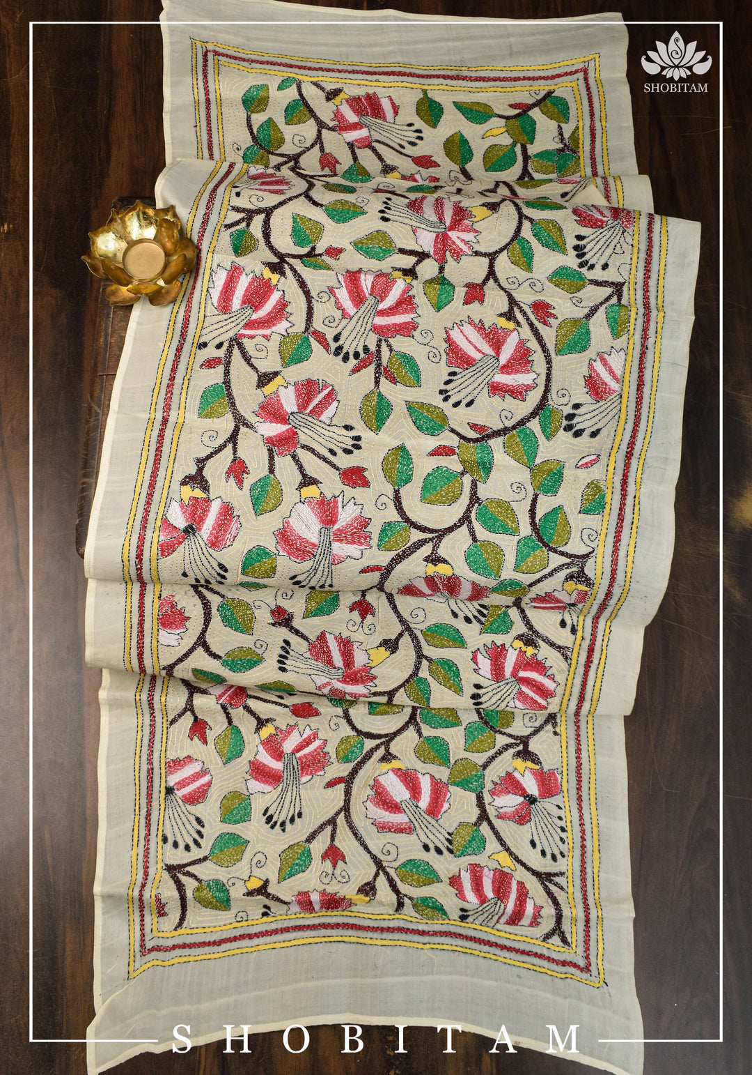 78x21 Kosa Tussar Silk Stole with Full Kantha Hand Embroidery