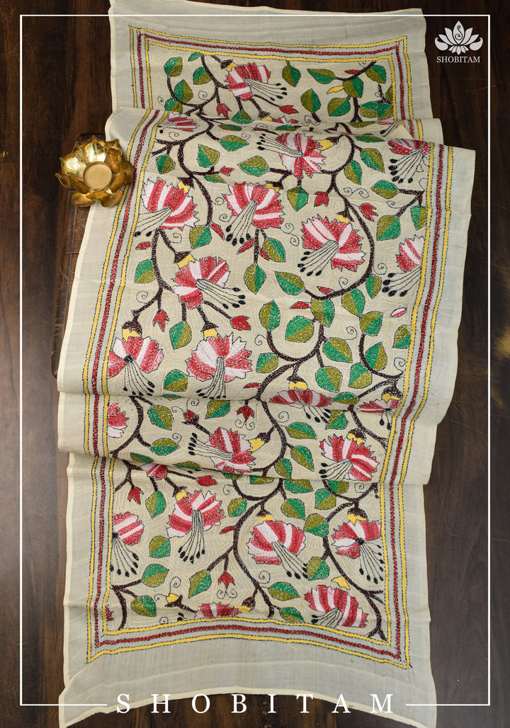 78x21 Kosa Tussar Silk Stole with Full Kantha Hand Embroidery