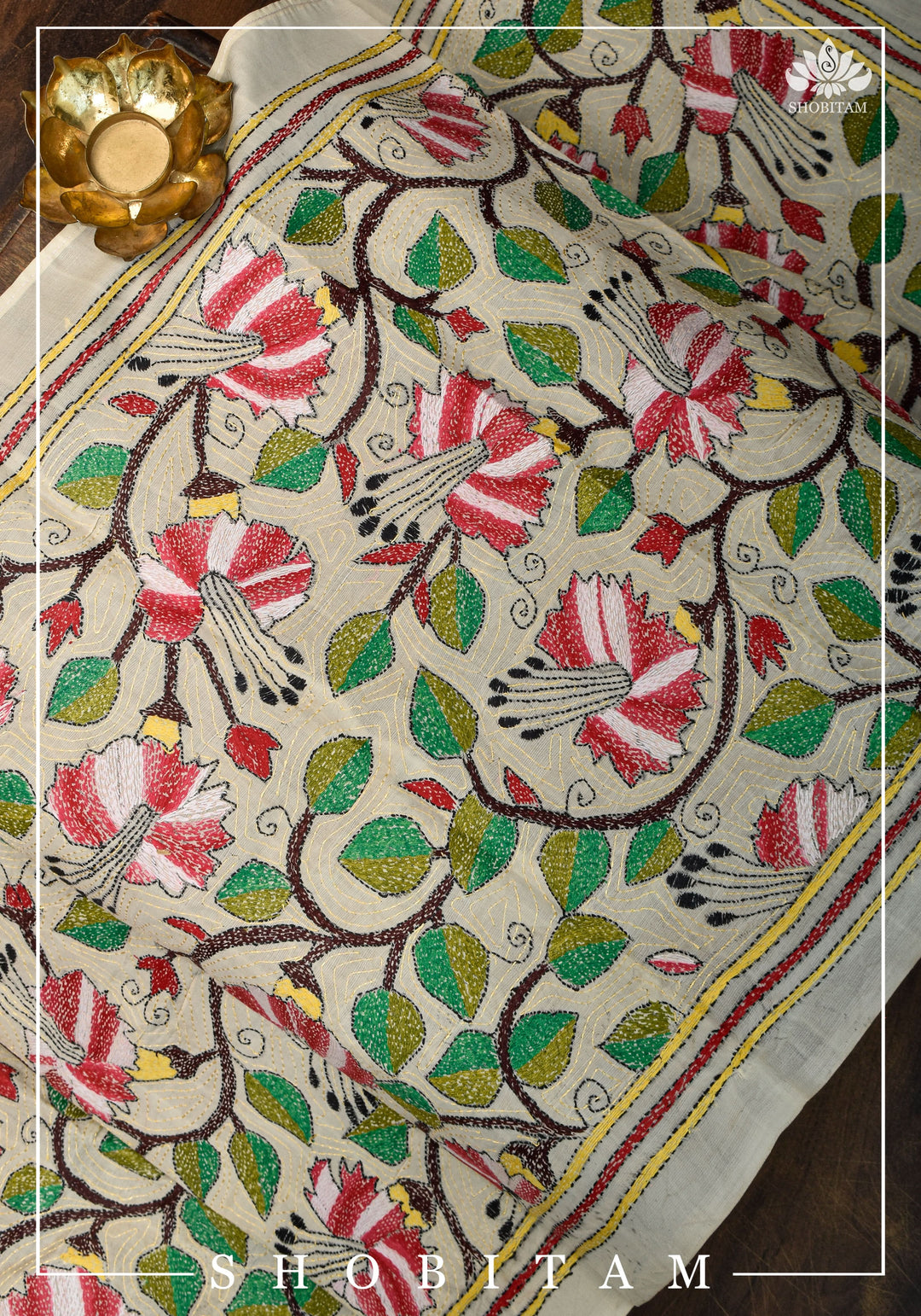 78x21 Kosa Tussar Silk Stole with Full Kantha Hand Embroidery