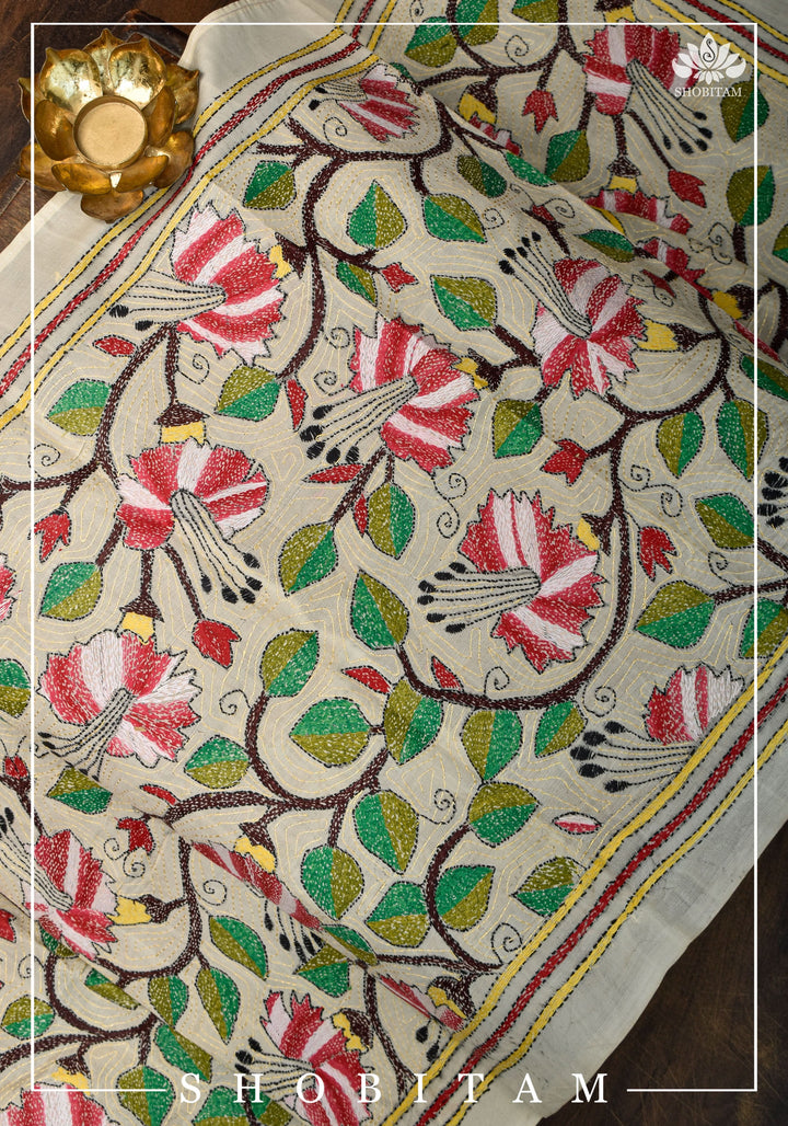 78x21 Kosa Tussar Silk Stole with Full Kantha Hand Embroidery